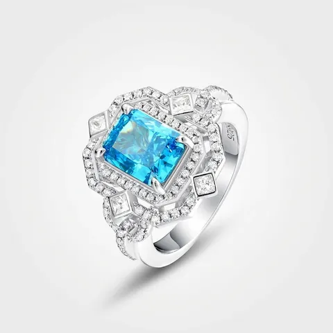 Luxe 925 Sterling Zilveren Ring Voor Vrouwen Lichtblauw Rechthoekige Zirconia Ingelegd Vintage Geometrische Mode Ring Sieraden