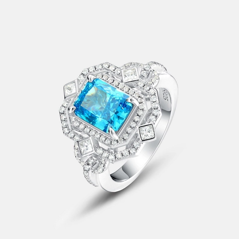Luxe 925 Sterling Zilveren Ring Voor Vrouwen Lichtblauw Rechthoekige Zirconia Ingelegd Vintage Geometrische Mode Ring Sieraden