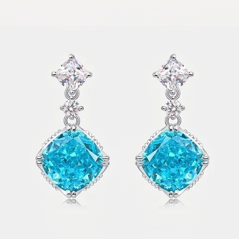 Pendientes Colgantes de Plata de Ley 925 Circonia Azul Mar Geométricos Corte Flor de Hielo Piedra Cuadrada Pendientes para Mujer Joyería Elegante