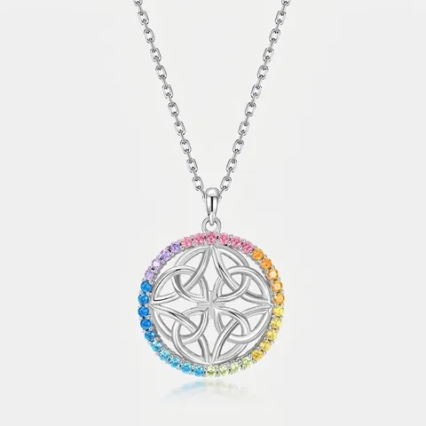 925 Sterling Silver Rainbow Zirconia Celtic Knot Pendant Necklace For Women Round Clavicle Chain White Gold Plated Fashion Jewelry