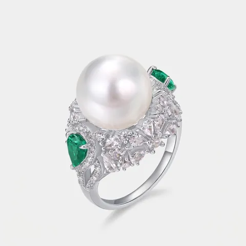 S925 Sterling Silver Ring For Women Luxury Round White Artificial Pearl Emerald Green Rhinestone Inlaid Vintage Jewelry
