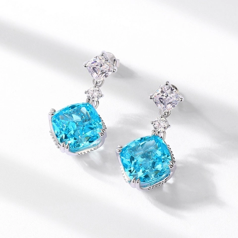 Pendientes Colgantes de Plata de Ley 925 Circonia Azul Mar Geométricos Corte Flor de Hielo Piedra Cuadrada Pendientes para Mujer Joyería Elegante