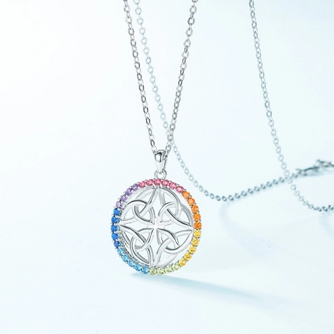 925 Sterling Silver Rainbow Zirconia Celtic Knot Pendant Necklace For Women Round Clavicle Chain White Gold Plated Fashion Jewelry