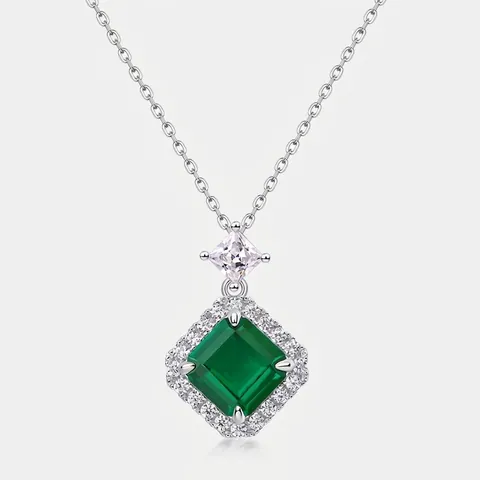Pendentif Émeraude de Laboratoire Carré en Argent Sterling 925 Vintage Femme Bijoux Incrustés de Zirconia Sans Chaîne