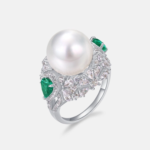 S925 Sterling Silver Ring For Women Luxury Round White Artificial Pearl Emerald Green Rhinestone Inlaid Vintage Jewelry