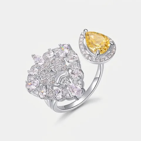 Luxe 925 Sterling Zilveren Leeuwenkop Open Ring Met Gele Peervormige Zirconia Pave Strass Verstelbare Ring Voor Dames