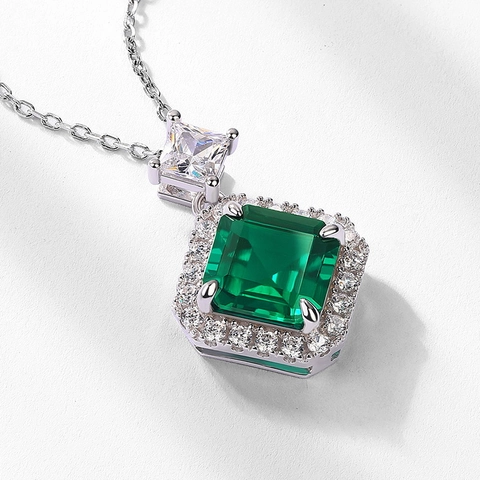 Pendentif Émeraude de Laboratoire Carré en Argent Sterling 925 Vintage Femme Bijoux Incrustés de Zirconia Sans Chaîne