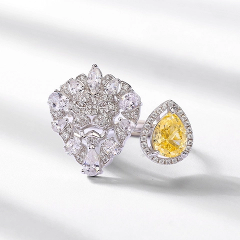 Luxe 925 Sterling Zilveren Leeuwenkop Open Ring Met Gele Peervormige Zirconia Pave Strass Verstelbare Ring Voor Dames