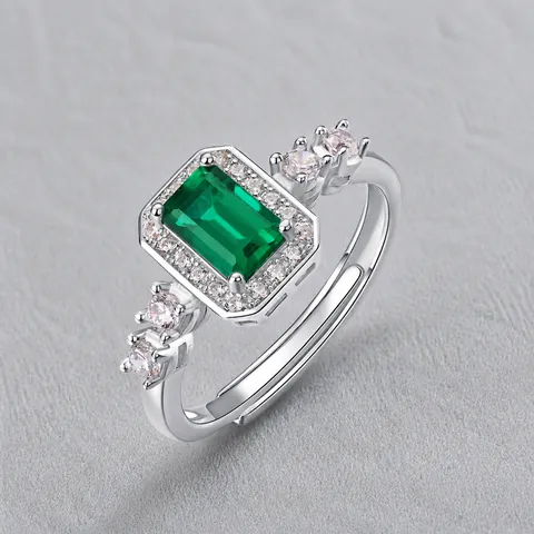 925 Sterlingsilber Zuchtsmaragd Ring Für Damen Vintage Rechteck Grüner Edelstein Ring Mit Strass Verstellbarer Offener Ring Luxus Schmuck Geschenk