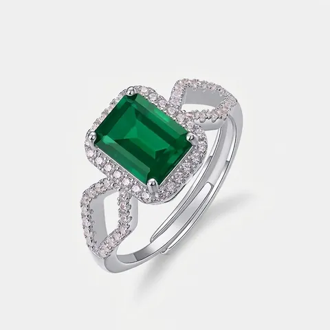 Vintage 925 Sterling Silver Lab-Grown Emerald Ring For Women Adjustable Open Ring With White Zirconia Luxurious Jewelry