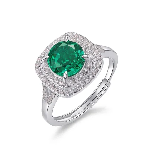 Vintage 925 Sterling Silver Emerald Green Round High Carbon Diamond Ring For Women Luxurious Halo Rhinestone Inlaid Adjustable Open Ring Jewelry Gift