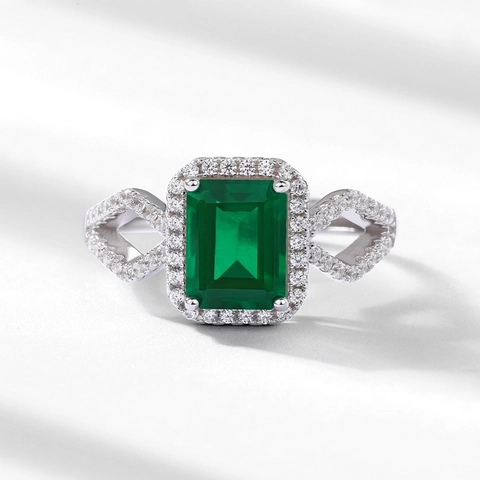 Vintage 925 Sterling Silver Lab-Grown Emerald Ring For Women Adjustable Open Ring With White Zirconia Luxurious Jewelry