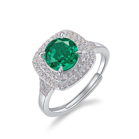 Vintage 925 Sterling Silver Emerald Green Round High Carbon Diamond Ring For Women Luxurious Halo Rhinestone Inlaid Adjustable Open Ring Jewelry Gift