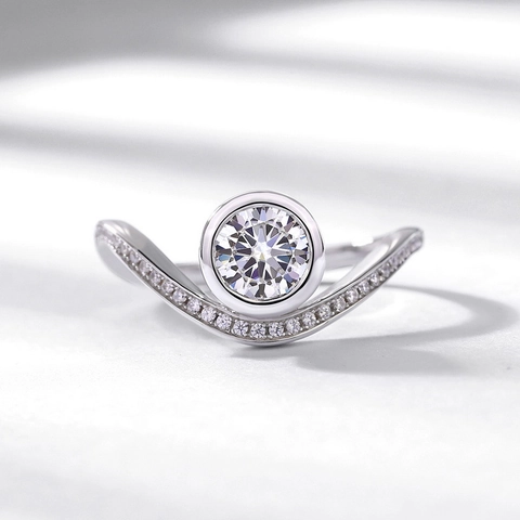 Lussuoso Anello in Argento Sterling 925 con Moissanite per Donna Forma a V Corona Taglio Rotondo Incastonatura a Castone Anello di Fidanzamento Matrimonio con Certificato