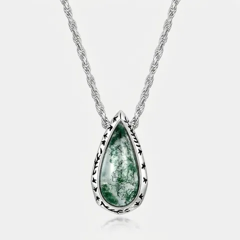 Collana Con Pendente a Goccia d'Acqua in Agata Muschiata Naturale Per Donna Catena in Argento Sterling 925 Gioielli Eleganti Vintage