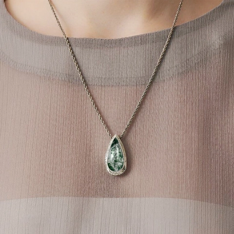 Collana Con Pendente a Goccia d'Acqua in Agata Muschiata Naturale Per Donna Catena in Argento Sterling 925 Gioielli Eleganti Vintage
