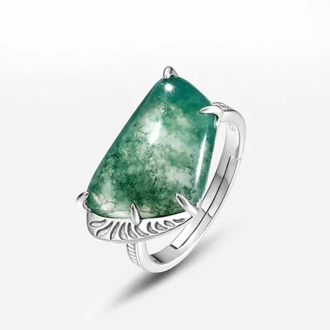 Vintage 925 Sterlingsilber Natürlicher Moosachat Verstellbarer Ring Für Damen Geometrischer Grüner Stein Statement Fingerschmuck