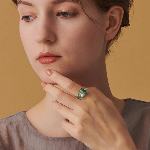 Vintage 925 Sterling Silver Moss Agate Ring Exaggerated Geometric Adjustable Open Ring For Women Retro Fine Jewelry Gift