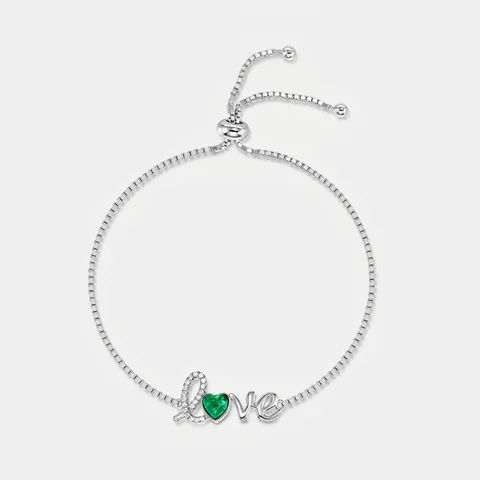 Bracciale in Argento Sterling 925 Con Smeraldo Creato in Laboratorio a Cuore Love per Donna Regolabile Zirconia Gioielli