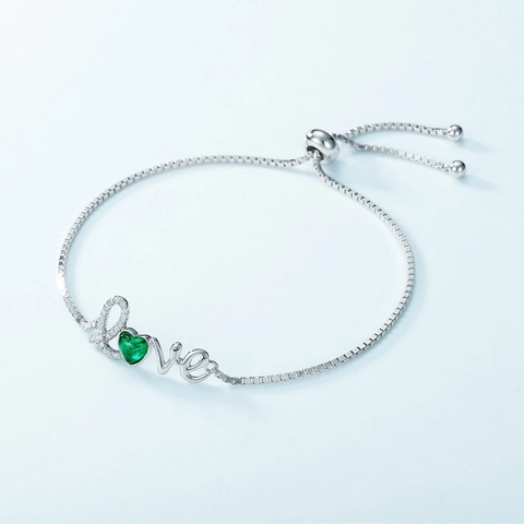 Bracciale in Argento Sterling 925 Con Smeraldo Creato in Laboratorio a Cuore Love per Donna Regolabile Zirconia Gioielli