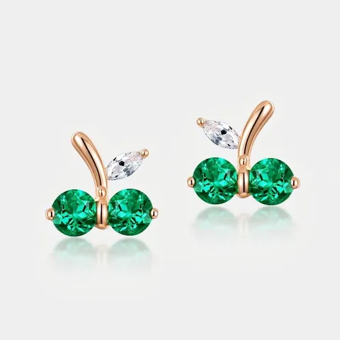 Vintage 925 Sterling Silver Cherry Stud Earrings With Lab Grown Emerald And Zirconia Rose Gold Plated Fruit Jewelry For Women