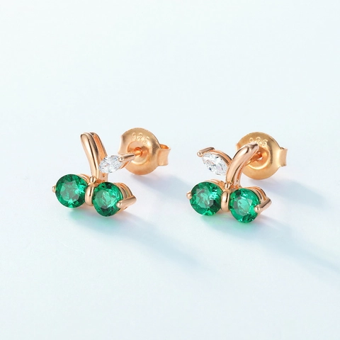 Vintage 925 Sterling Silver Cherry Stud Earrings With Lab Grown Emerald And Zirconia Rose Gold Plated Fruit Jewelry For Women