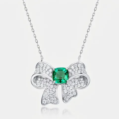 925 Sterling Silver Butterfly Bow Pendant Necklace With Lab Created Emerald Ruby Square Rhinestone Inlaid Commuter Jewelry For Women