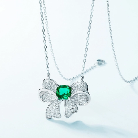 925 Sterling Silver Butterfly Bow Pendant Necklace With Lab Created Emerald Ruby Square Rhinestone Inlaid Commuter Jewelry For Women