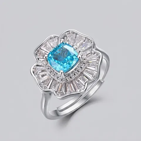 Luxus S925 Sterlingsilber Blume Verstellbarer Offener Ring Für Damen Strahlend Himmelblau Zirkonia Eingelegter Blumen Cocktailring Schmuck