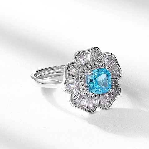Luxus S925 Sterlingsilber Blume Verstellbarer Offener Ring Für Damen Strahlend Himmelblau Zirkonia Eingelegter Blumen Cocktailring Schmuck