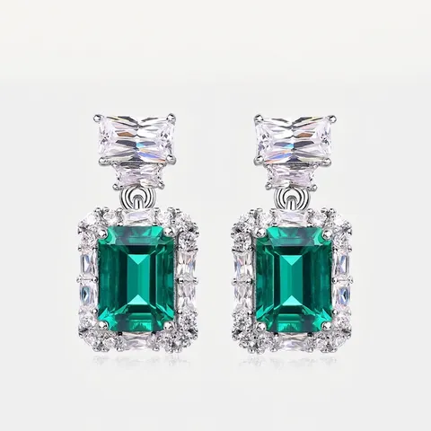 Vintage 925 Sterling Silver Lab-Created Emerald Cut Drop Earrings For Women Halo Rhinestone Luxury Geometric Jewelry
