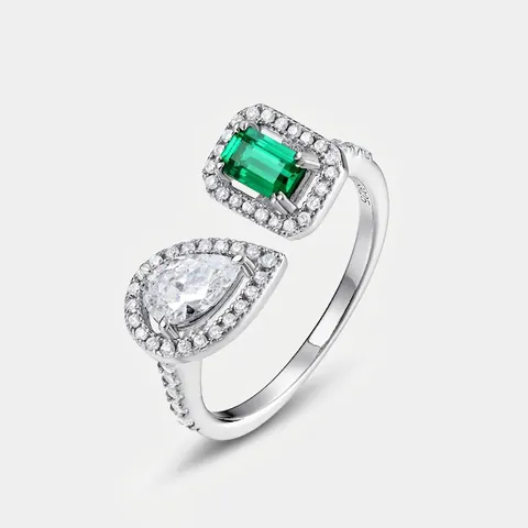 Vintage 925 Sterling Silver Lab-Grown Emerald Open Ring Geometric White Gold Plated Zirconia Adjustable Finger Ring For Women