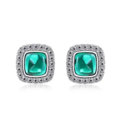 Vintage 925 Sterling Silver Lab-Created Emerald Stud Earrings For Women Square Zirconia Halo Geometric Luxury Jewelry Gift