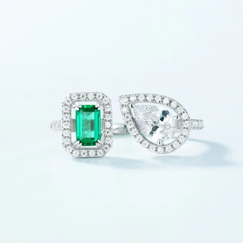 Vintage 925 Sterling Silver Lab-Grown Emerald Open Ring Geometric White Gold Plated Zirconia Adjustable Finger Ring For Women