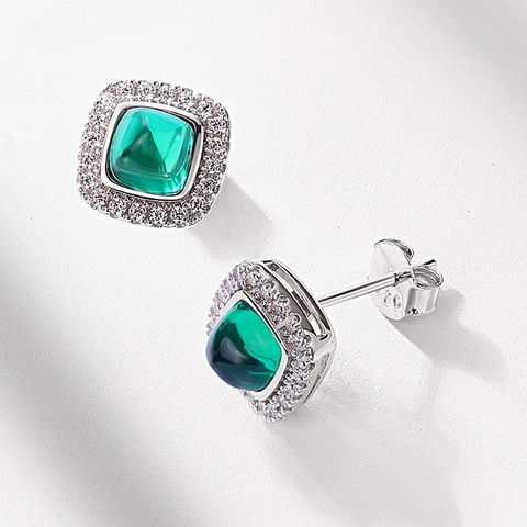 Vintage 925 Sterling Silver Lab-Created Emerald Stud Earrings For Women Square Zirconia Halo Geometric Luxury Jewelry Gift