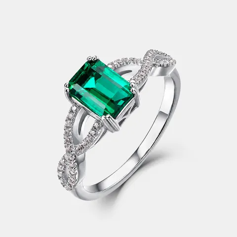 Vintage 925 Sterling Silver Rectangular Lab-Created Emerald Ring For Women Twisted Band Inlaid Rhinestone Geometric Finger Ring Jewelry