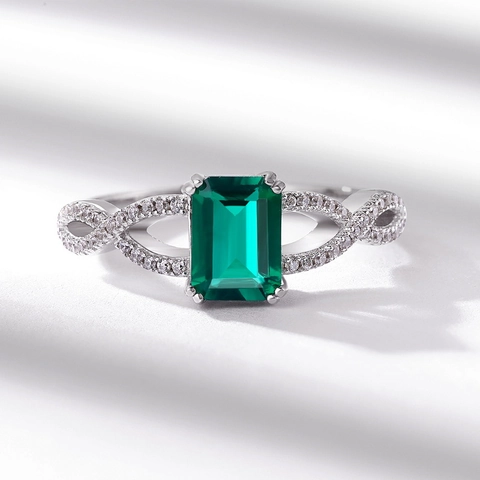 Vintage 925 Sterling Silver Rectangular Lab-Created Emerald Ring For Women Twisted Band Inlaid Rhinestone Geometric Finger Ring Jewelry