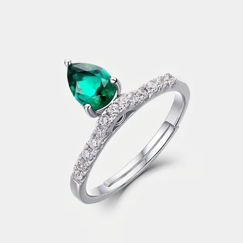 Vintage 925 Sterling Silver Lab Grown Emerald Ring Teardrop Pear Cut Green Rhinestone Adjustable Open Finger Ring Women Jewelry