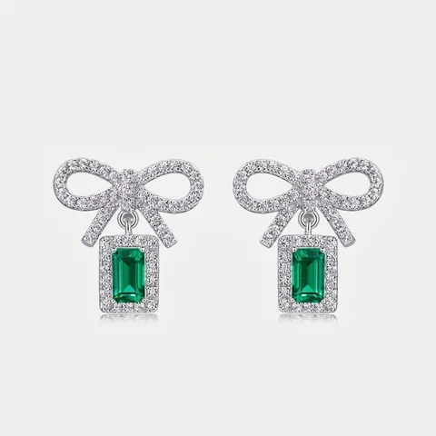 Orecchini a Bottone con Fiocco in Argento Sterling 925 Smeraldo Creato in Laboratorio Taglio Smeraldo Zirconia per Donna