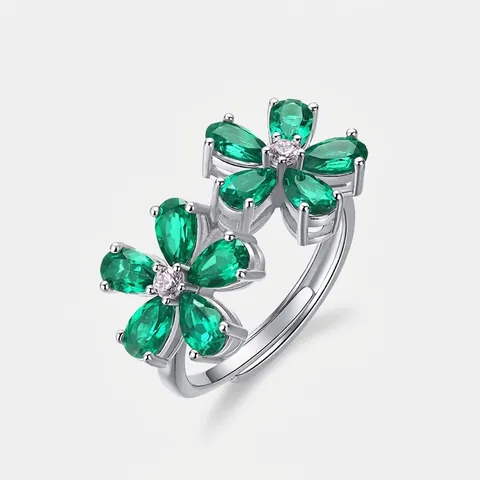 Vintage 925 Sterling Silver Lab-Grown Emerald Flower Ring Adjustable Luxurious Green Rhinestone Women Fashion Jewelry