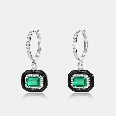Vintage 925 Sterling Silver Drop Earrings For Women Elegant Lab-Created Emerald Rhinestone Black Enamel Geometric Earrings