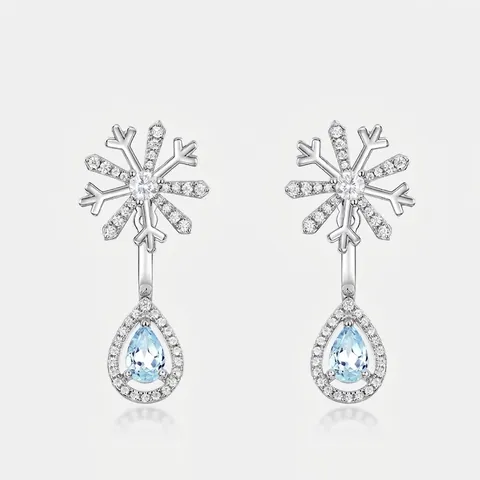Orecchini a Bottone a Fiocco di Neve in Argento Sterling S925 Con Topazio Blu Cielo e Zirconia Gioielli Moda Donna