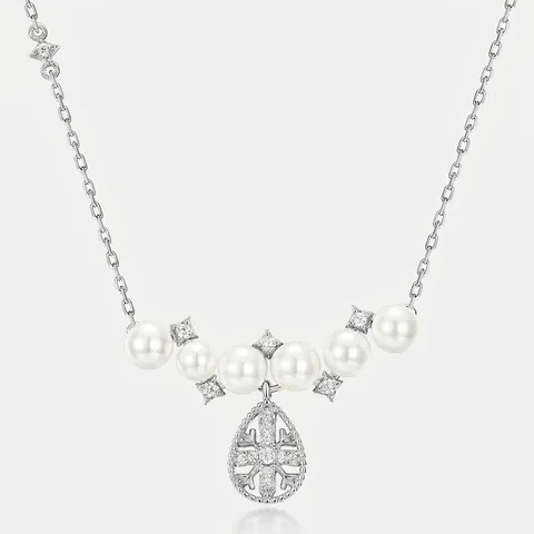 925 Sterling Silver Snowflake Shell Pearl Pendant Necklace For Women Zirconia Inlaid Elegant Water Drop Clavicle Chain Jewelry Gift