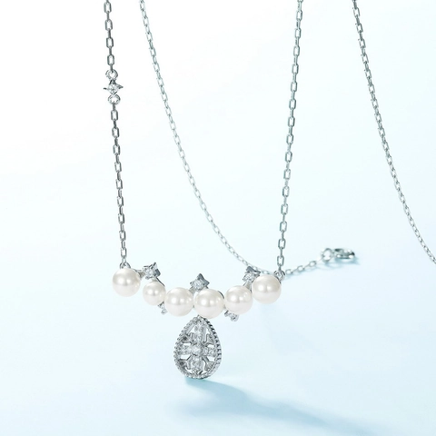 925 Sterling Silver Snowflake Shell Pearl Pendant Necklace For Women Zirconia Inlaid Elegant Water Drop Clavicle Chain Jewelry Gift