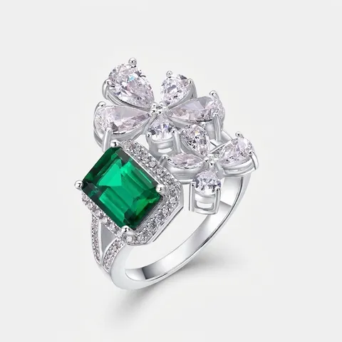Vintage 925 Sterling Silver Lab-Created Emerald Flower Ring For Women Retro Floral Rhinestone Inlaid Statement Luxury Jewelry