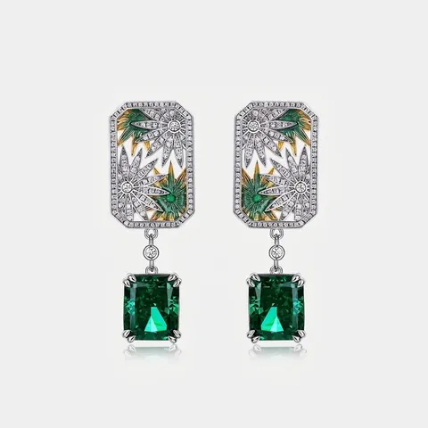 Vintage 925 Sterlingsilber Smaragdschliff Im Labor Gezüchteter Smaragd Ohrstecker Mit Zirkonia Emaille Geometrischer Hohler Schmuck Für Damen