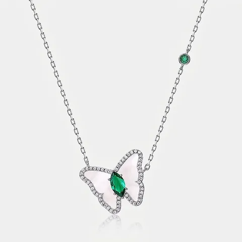 S925 Sterling Zilveren Vlinder Hanger Halsketting Met In Het Lab Gekweekte Smaragd En Wit Parelmoer Vintage Sieraden
