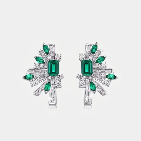 Orecchini a Bottone in Argento Sterling 925 con Smeraldo Creato in Laboratorio Vintage Forma a Ventaglio Geometrico Zirconia per Donna