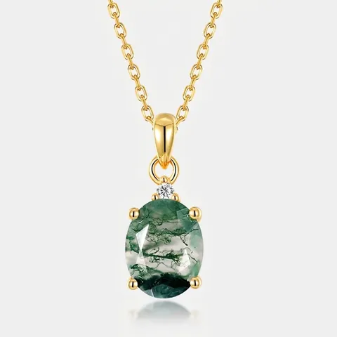 Lussuosa Collana Con Ciondolo in Agata Muschiata in Argento Sterling 925 per Donna Pietra Naturale Verde Ovale Strass Gioielli