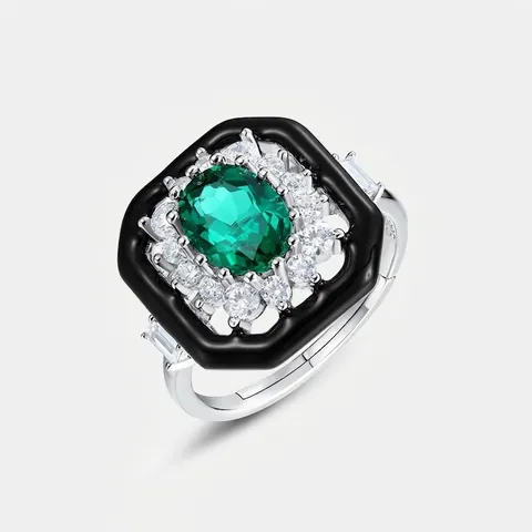 Art Deco 925 Sterling Silver Lab-grown Emerald Open Ring Vintage Oval Green Stone Enamel Rhinestone Adjustable Jewelry
